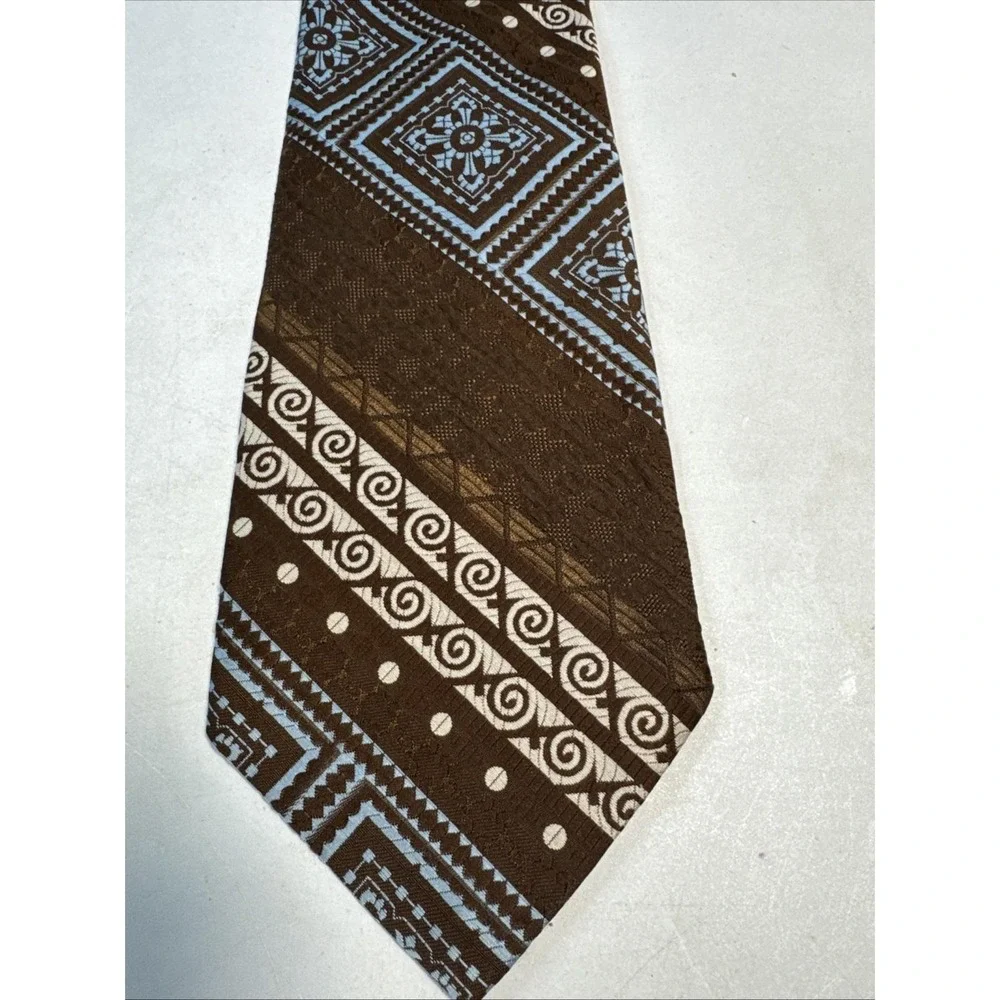 Vintage Men's Brown Cream Powder Blue Geometric Diagonal‎ Stripe Tie 70s